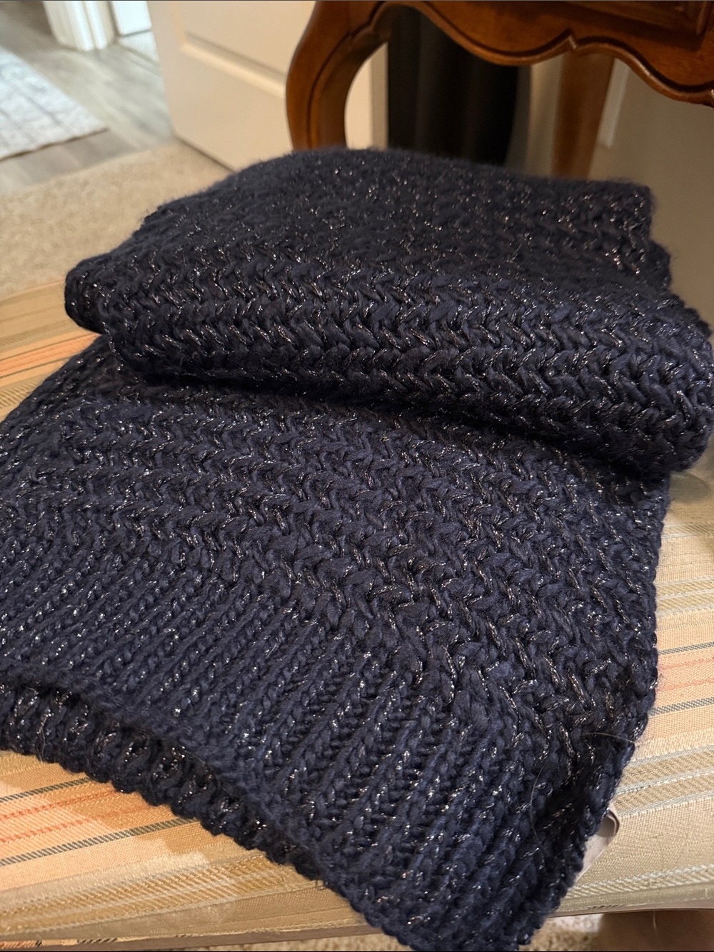 LOFT Navy Chunky Knit Scarf with Metallic Accents